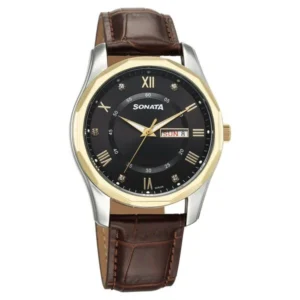 Sonata Wedding Quartz Analog Black Dial Leather Strap Watch For Men