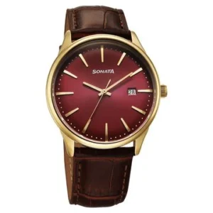 Sonata Eternia Quartz Analog with Date Maroon Dial Leather Strap Watch For Men