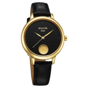 Sonata Gold Quartz Analog Watch for Women with Black Dial Leather Strap With An Eye-Catching Gold Coin on Dial